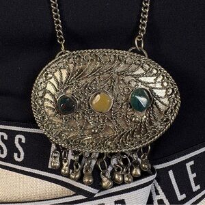 Vintage Sajai Metal & Agate Stone Tribal Pendant Necklace w/ Dangles